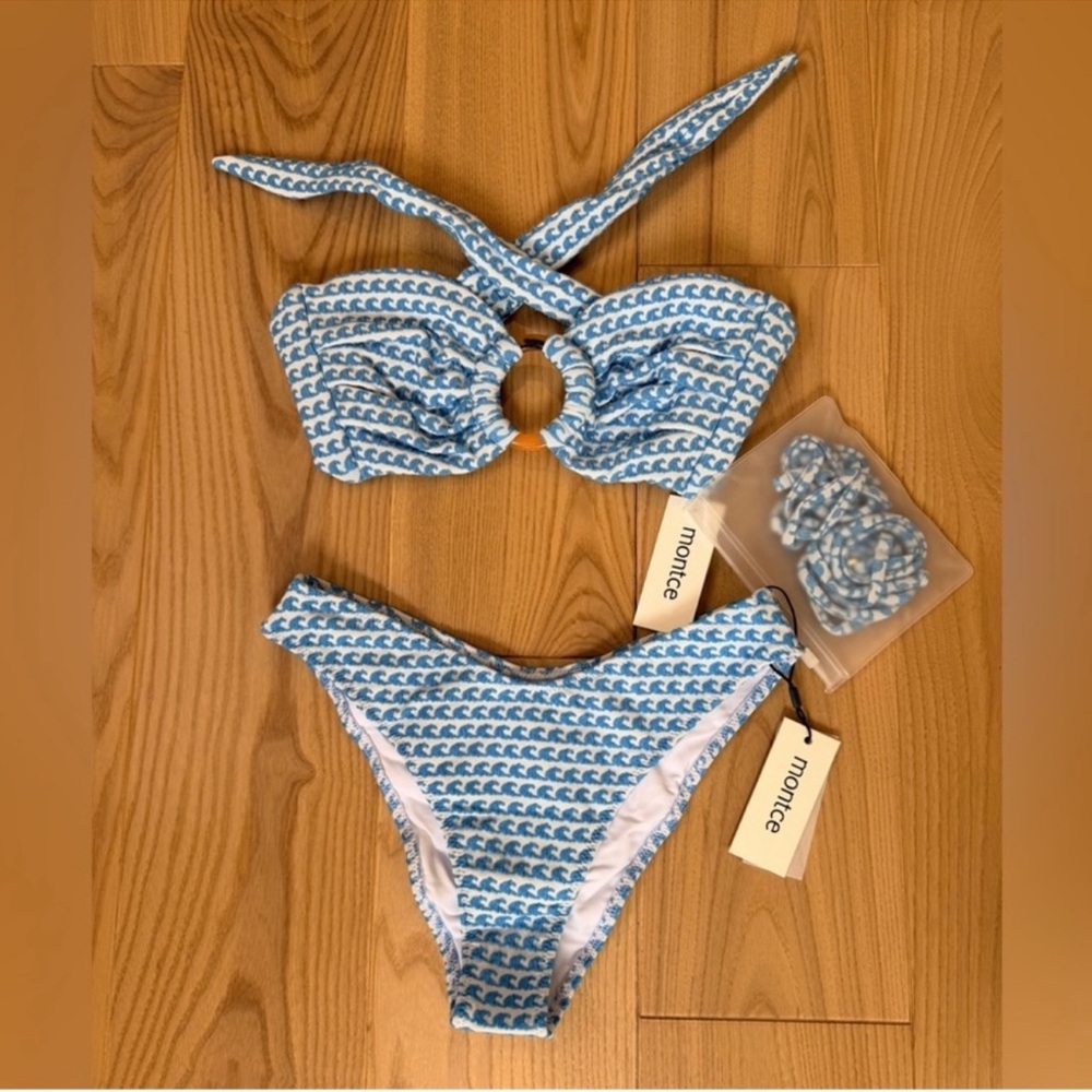 Montce Swim Bikini Set NWT Wave Repeat Tori Ties Bandeau Top & Lulu Bottom M